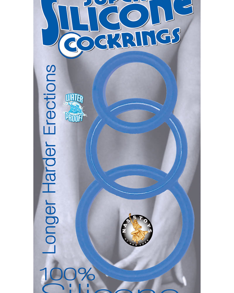 Super Silicone Cockrings Set Of 3 Rings Waterproof Blue