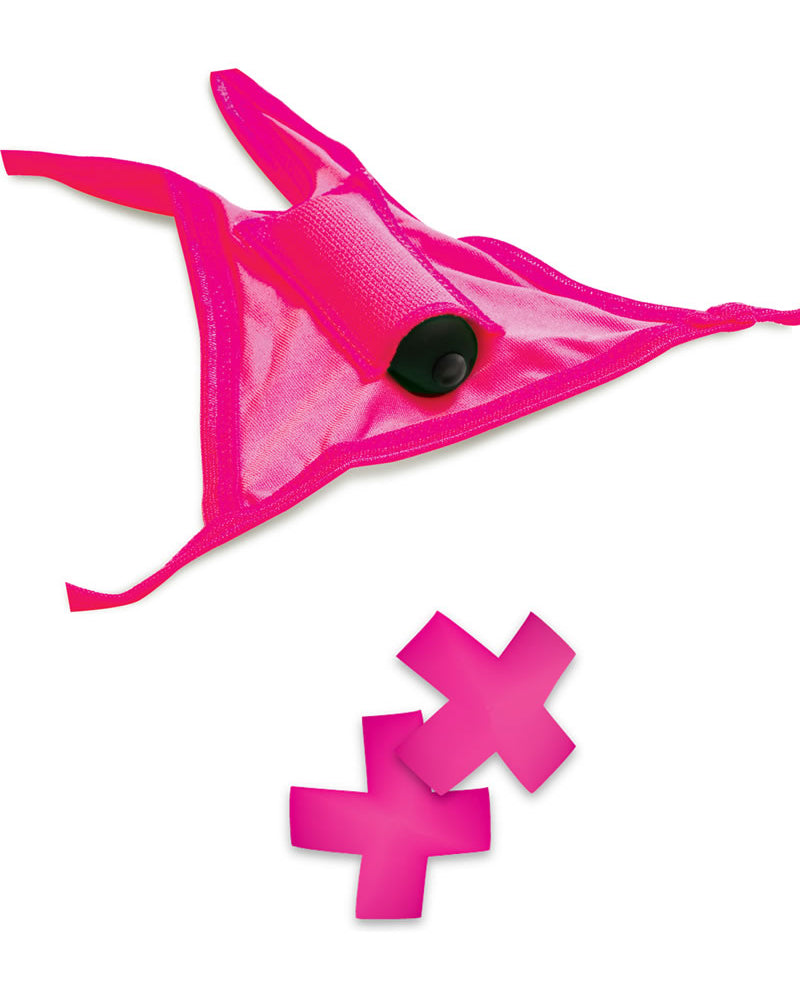 Neon Vibrating Crotchless Panty And Pasties Set Waterproof Pink