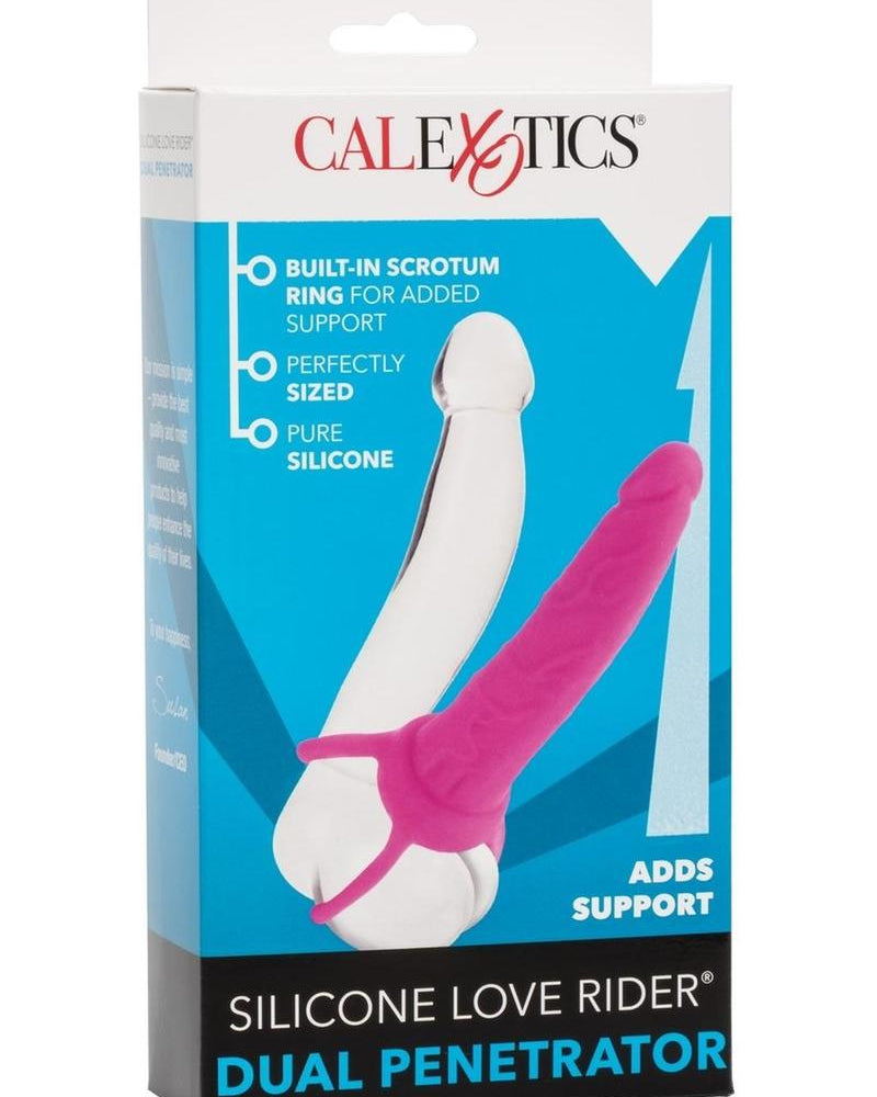 Sistema de correa con doble penetración Love Rider de silicona, color rosa