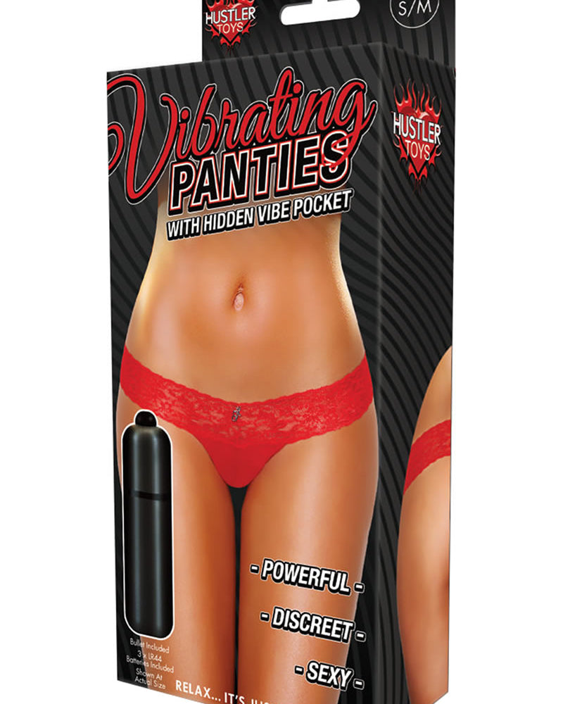 Hustler Toys Vibrating Panties Lace Thong With Hidden Vibe Pocket Red Medium/Large