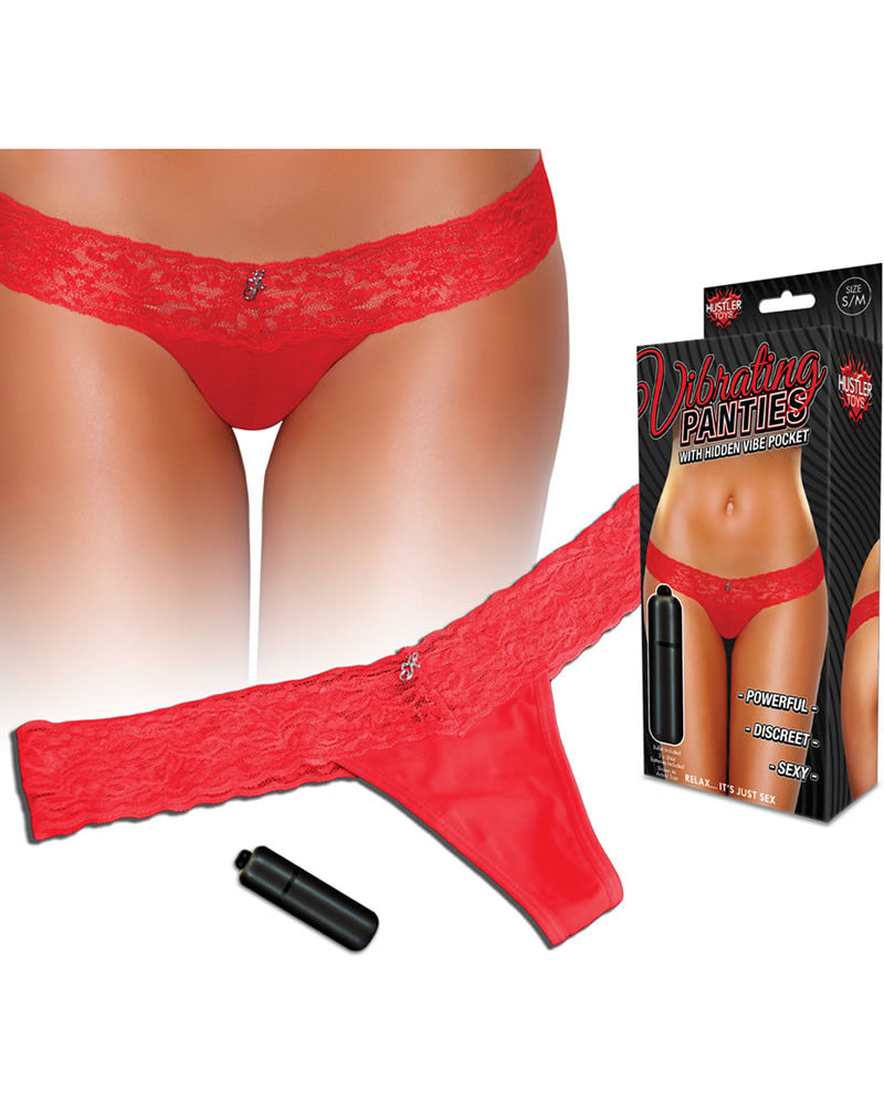 Hustler Toys Vibrating Panties Lace Thong With Hidden Vibe Pocket Red Medium/Large