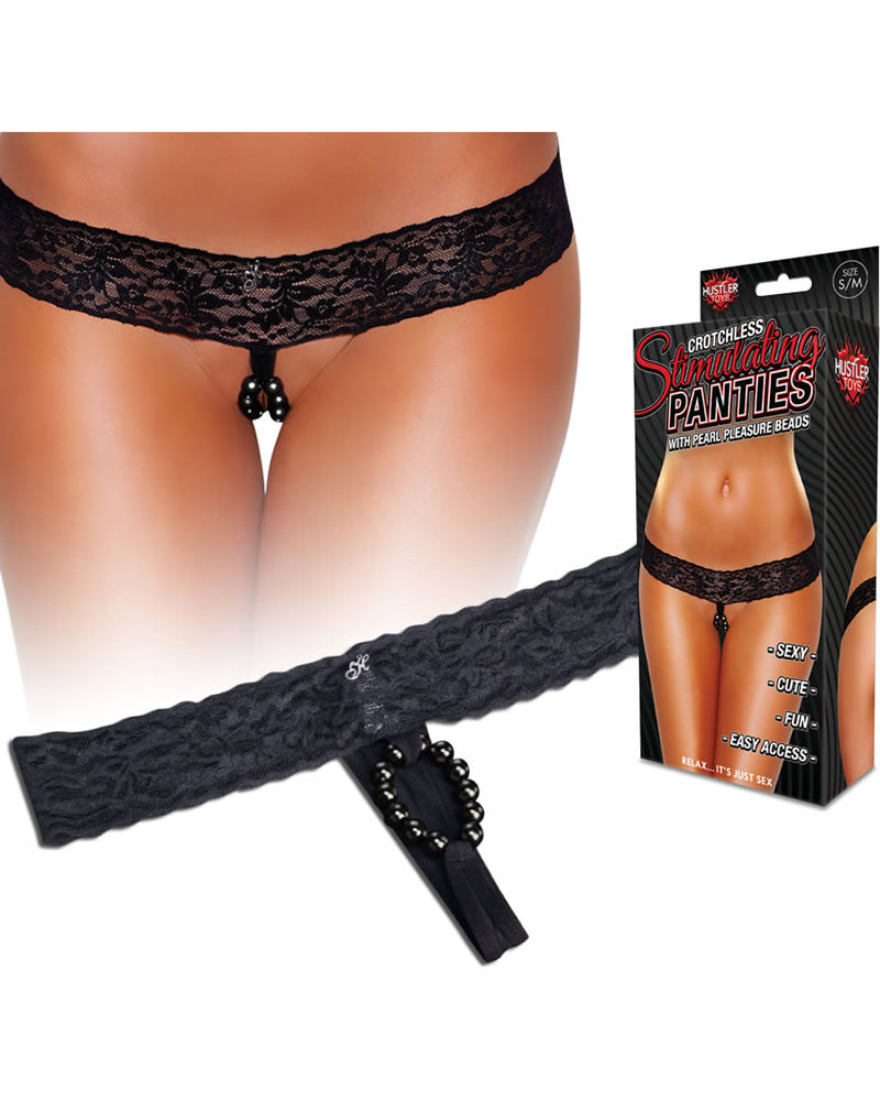 Hustler Toys Crotchless Stimulating Panties With Pearl Pleasure Beads Black Small/Medium