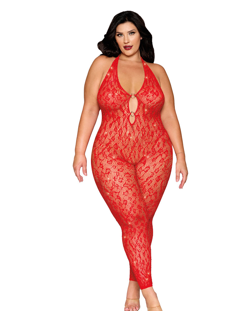"Rhinestone Bodystocking Dmnd - Queen Size - Poinsettia DG-0517XRDQS"
