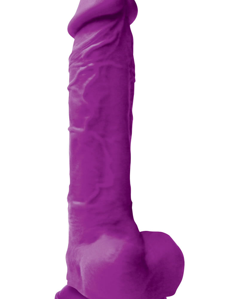Pene realista de silicona con bolas de Colors Pleasures, morado, 8 pulgadas