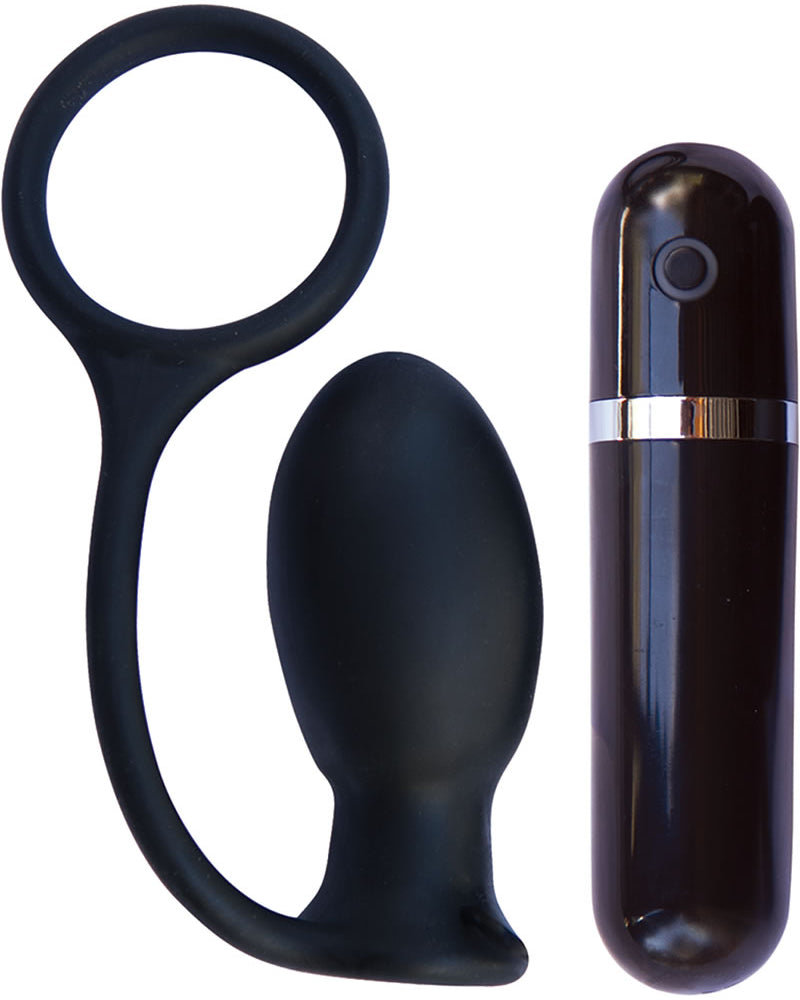 Mach Tuff Vibrating Butt Thriller Wireless Remote Silicone Anal Plug With Cockring Black 3.3 Inch