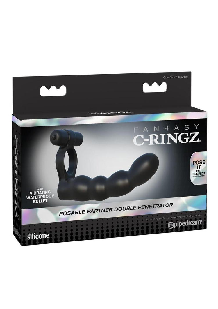 Anillo para el pene Fantasy C Ringz Posable Partner de silicona con doble penetración, resistente al agua, color negro