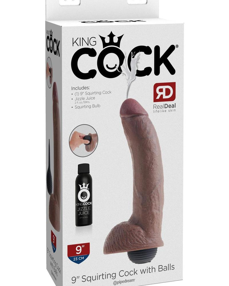 King Cock 9 Inch Squirtin Cock With Balls Brown