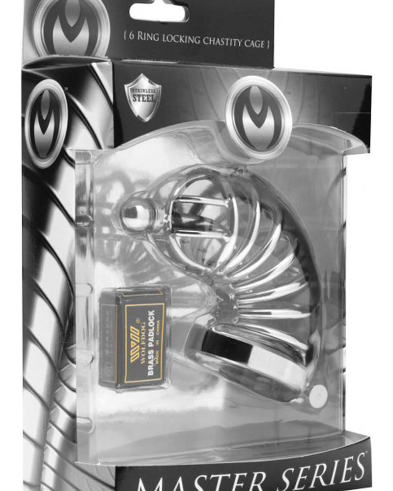 Master Series Asylum 6 Ring Locking Stainless Steel Chastity Cage Metal 6 Inch