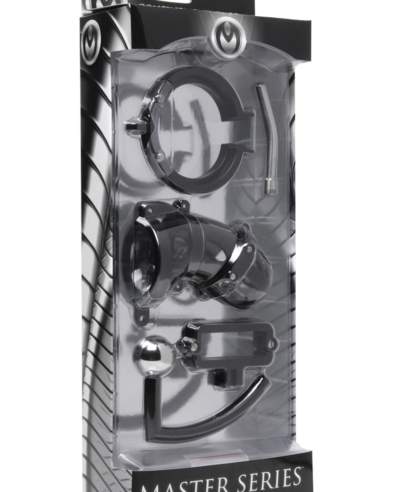 Master Series Oppressor Male Confinement Chastity Cage With Ball Clamp And Anal Hook Black