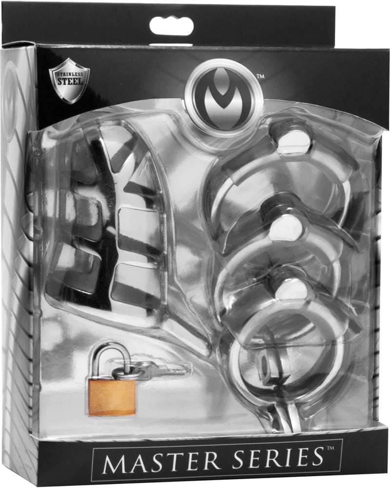 Master Series Detained Stainless Steel Locking Chastity Cage Metal
