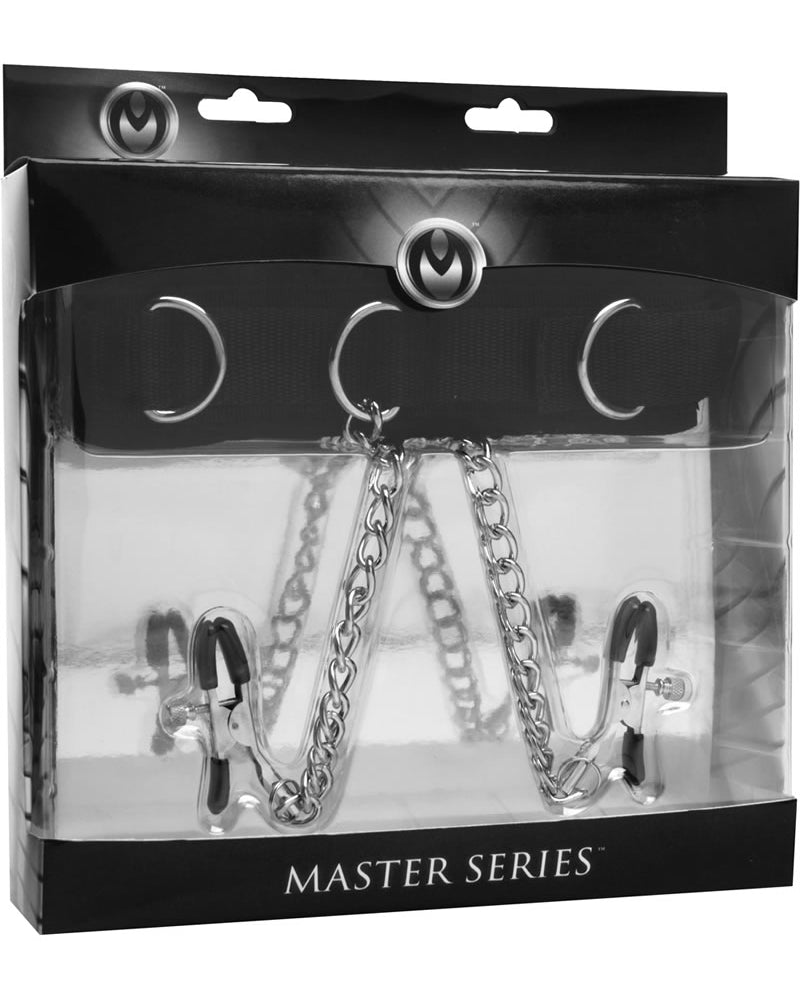 Collar de sumisión y pinzas para pezones de la serie Master, color negro