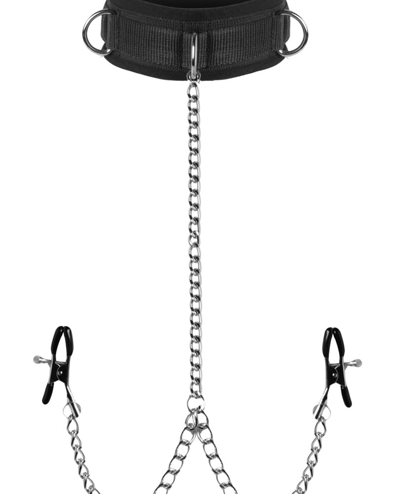 Collar de sumisión y pinzas para pezones de la serie Master, color negro