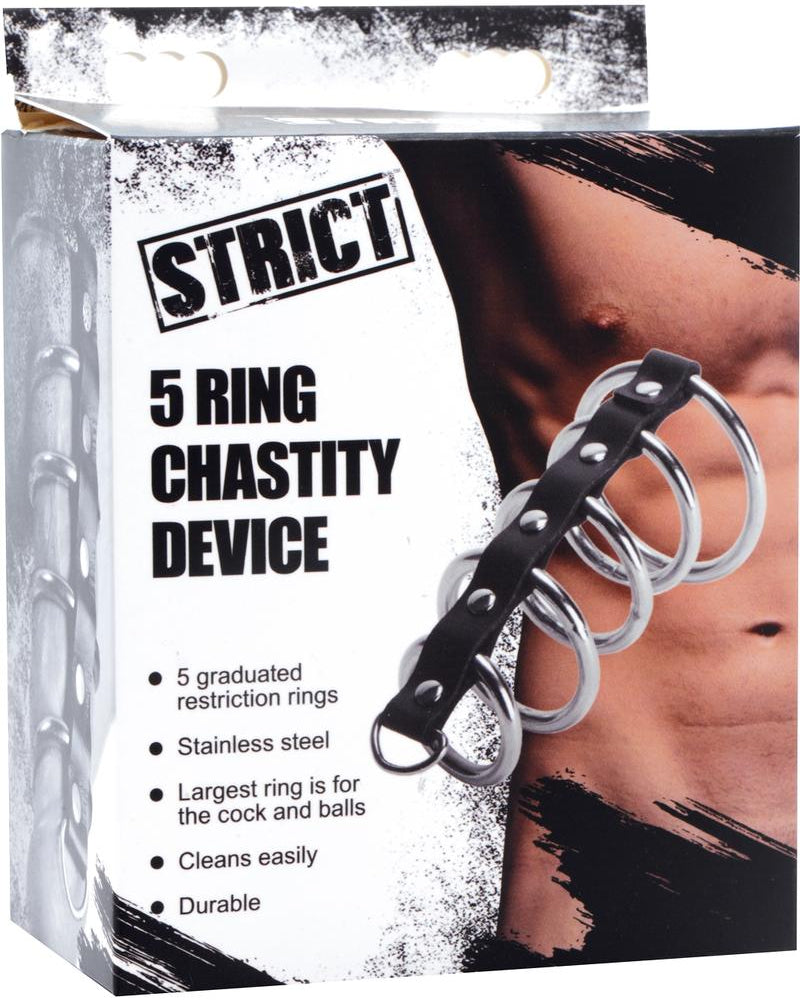 Dispositivo de castidad estricto de 5 anillos de cuero y metal negro