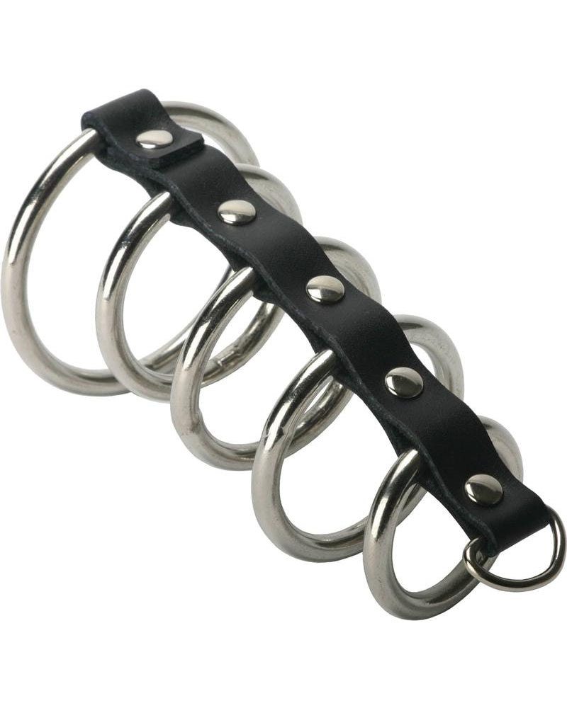 Dispositivo de castidad estricto de 5 anillos de cuero y metal negro