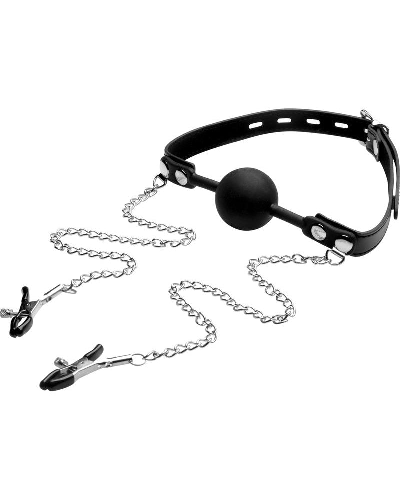 Mordaza de bola y pinzas para pezones de silicona estricta