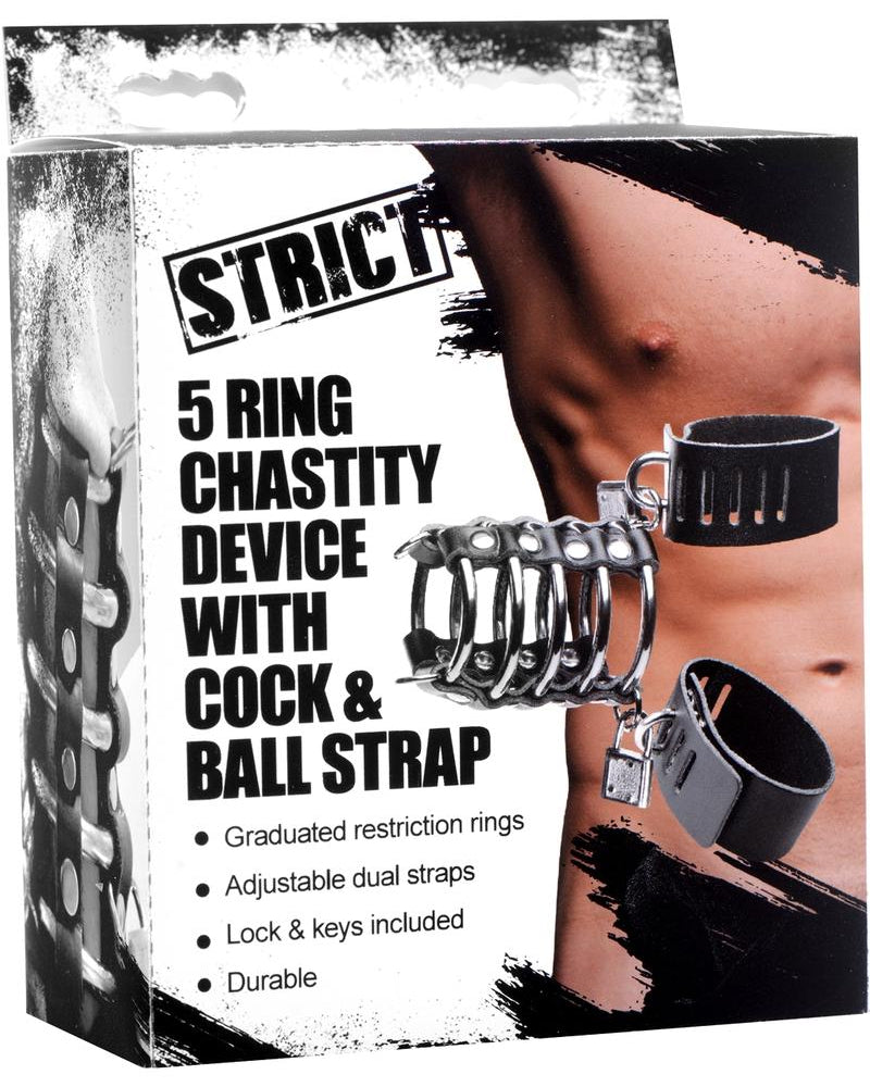 Strict 5 Ring Chastity Device With Cock And Ball Strap Metal