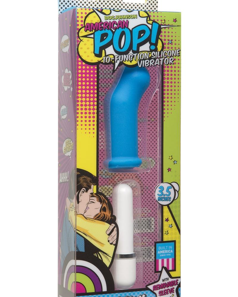 American Pop Pow 10 Function Silicone Vibrator With Sleeve Waterproof Blue 3.5 Inch