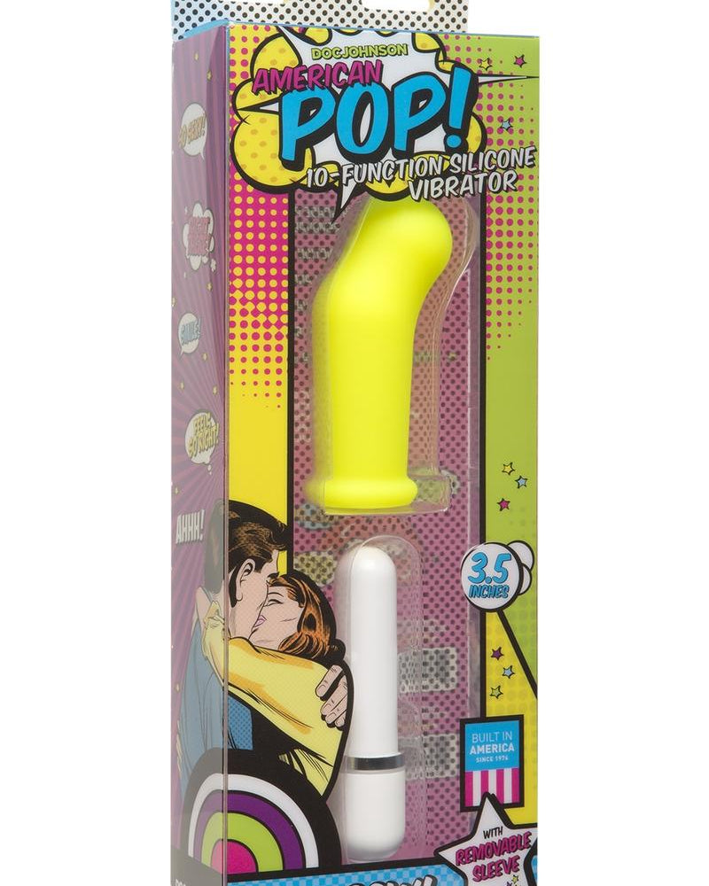 American Pop Pow 10 Function Silicone Vibrator With Sleeve Waterproof Yellow 3.5 Inch
