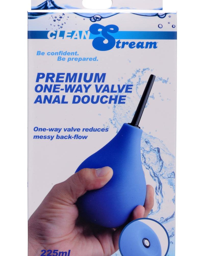 Ducha anal con válvula unidireccional Clean Stream Premium de color azul de 225 mililitros