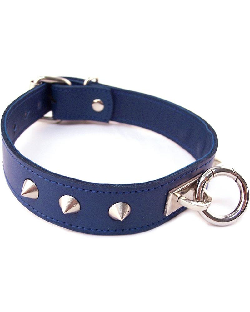 Collar de cuero con tachuelas y anillo en forma de O de Rouge en color azul