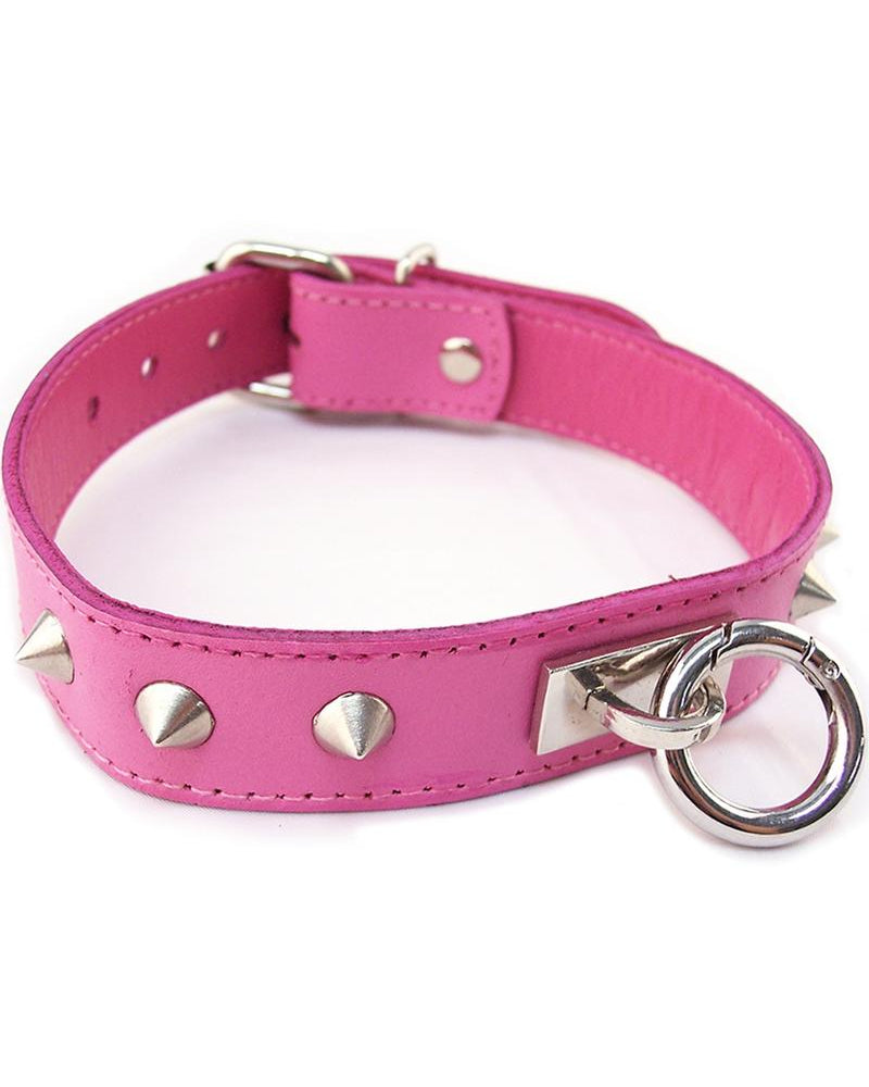 Collar de cuero con tachuelas y anillo en forma de O de Rouge, color rosa