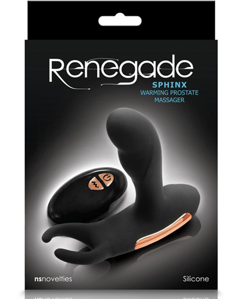 Masajeador de próstata con calefacción de silicona recargable por USB Renegade Sphinx con control remoto inalámbrico, color negro