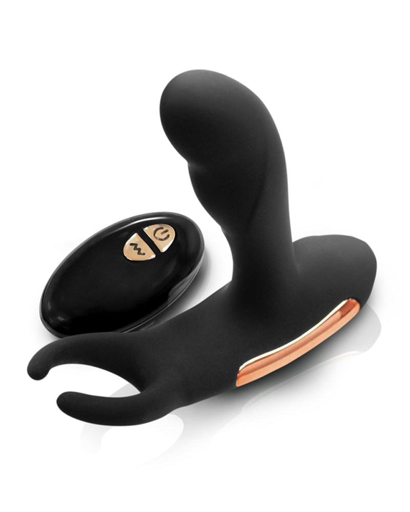 Masajeador de próstata con calefacción de silicona recargable por USB Renegade Sphinx con control remoto inalámbrico, color negro