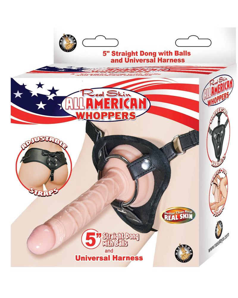 All American Whopper - Realskin Straight Dong and Universal Harness Waterproof - Flesh