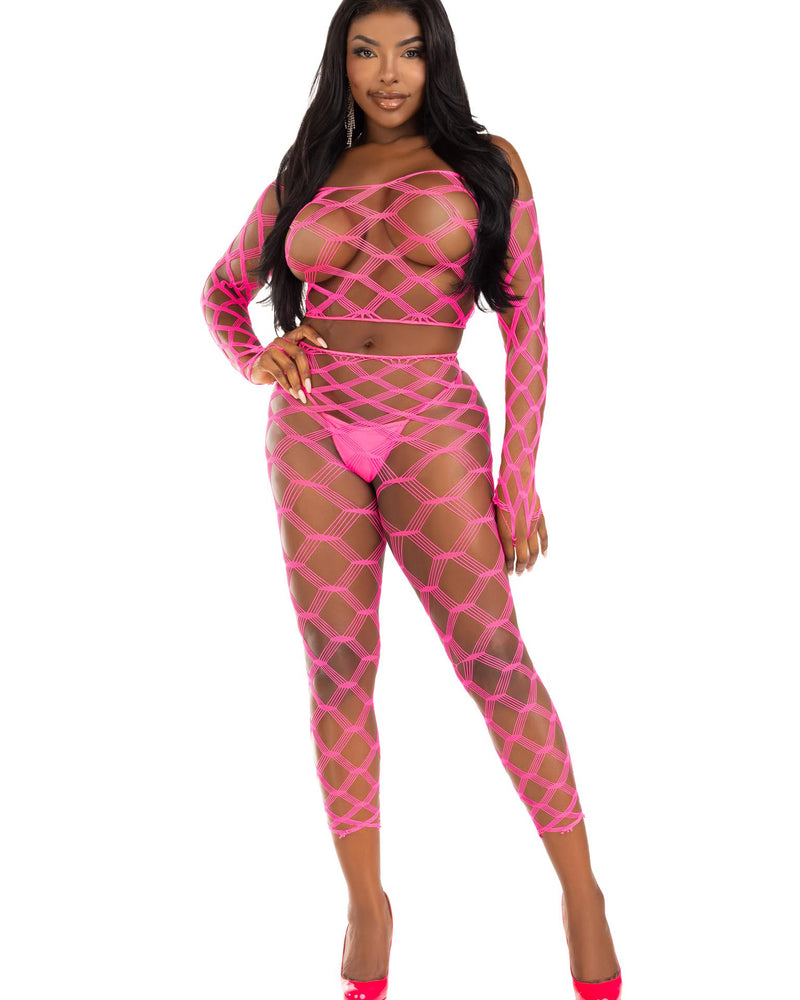 2 Pc Net Crop Top and Footless Tights - One Size - Neon Pink