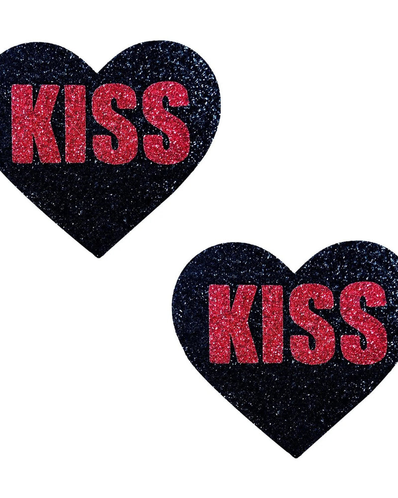 "Kiss Red and Black Valentine Glitter Heart Nipple Cover Pasties NN-RKI-HRT-BM"