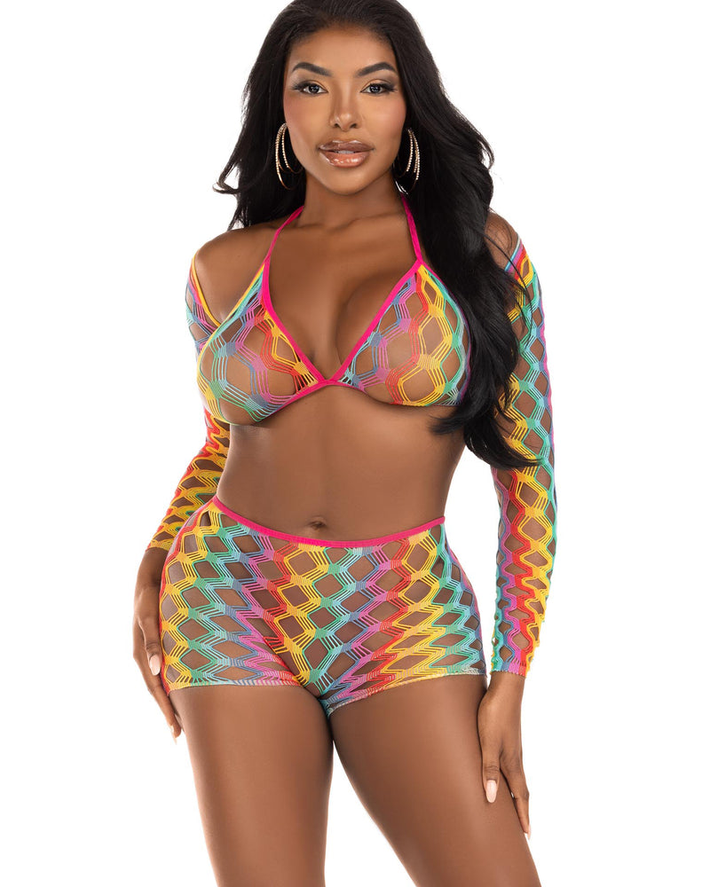 "3 Pc Net Bra Top With Shrug and Boy Shorts - One Size - Multicolor LA-81661MULOS"