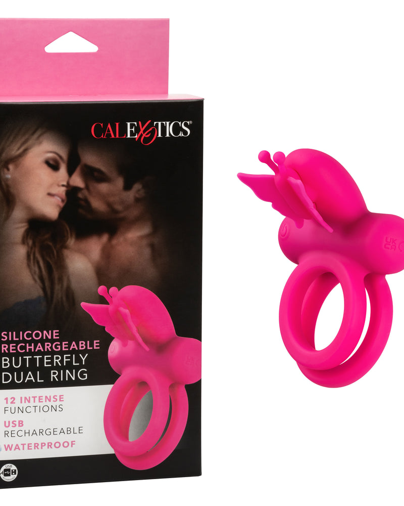 Silicone Rechargeable Dual Butterfly Ring - Pink