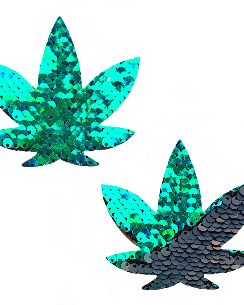 "Ariel - Green to Black Flip Sequin Gold Dope Af Weed Leaf Pasties NN-ARI-WEE-NS"