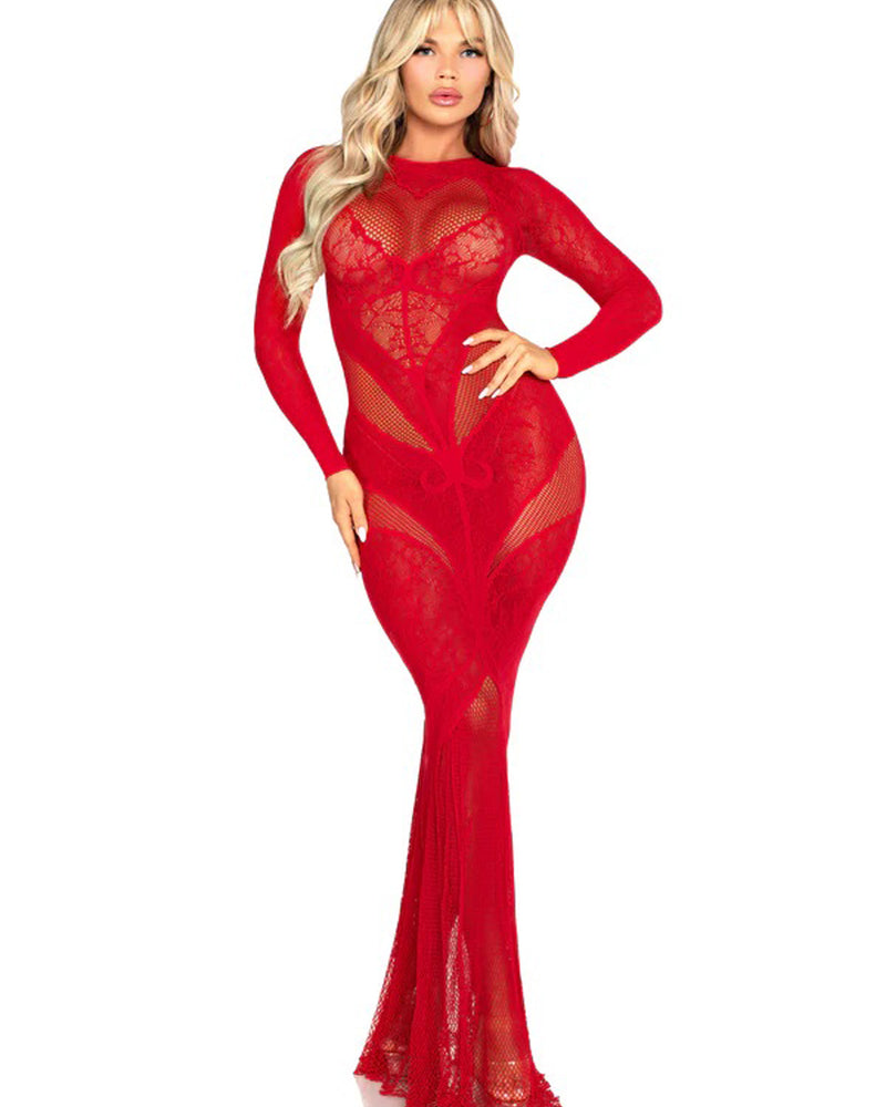 "Red Lace and Net Body Con Gown - With Heart Keyhole Detail - Os LA-86005REDOS"