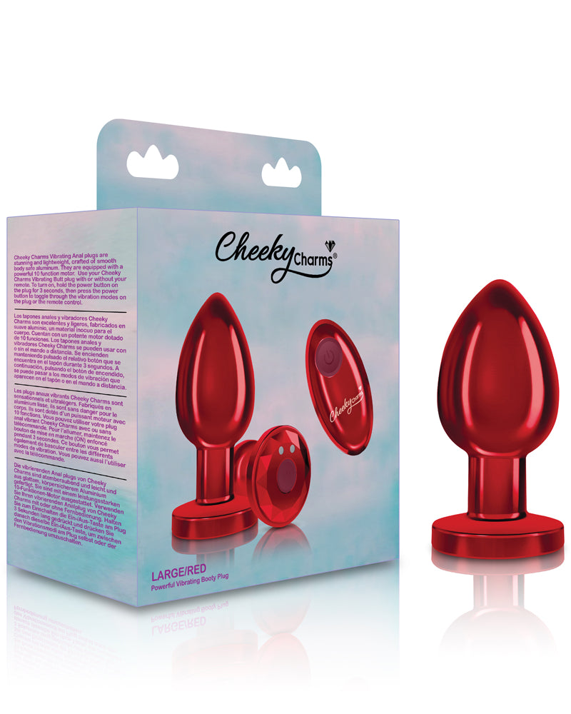 Cheeky Charms - Rechargeable Vibrating Metal Butt Plug With Remote Control - Red - Large