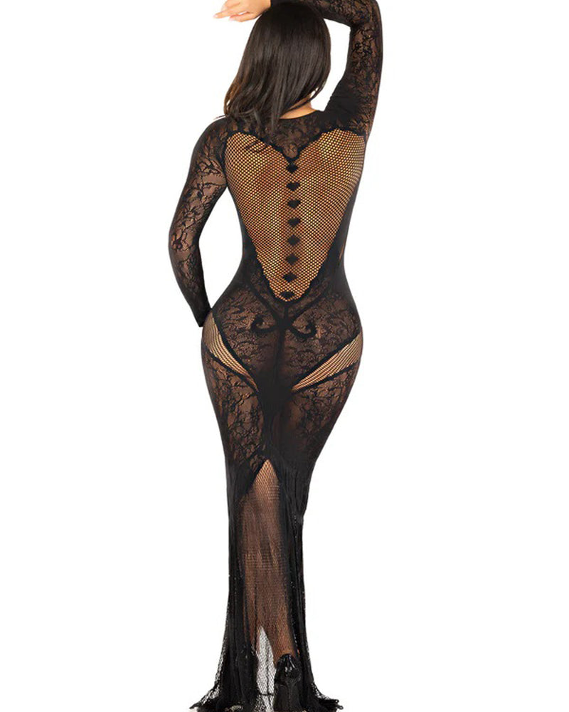 Black Lace and Net Body Con Gown - With Heart Keyhole Detail - Os