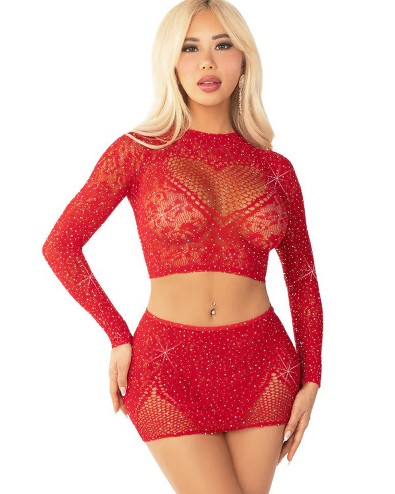 "Red 2pc Rhinestone Lace and Net Crop Top with - Heart Keyhole Mini Skirt - Os LA-81668REDOS"