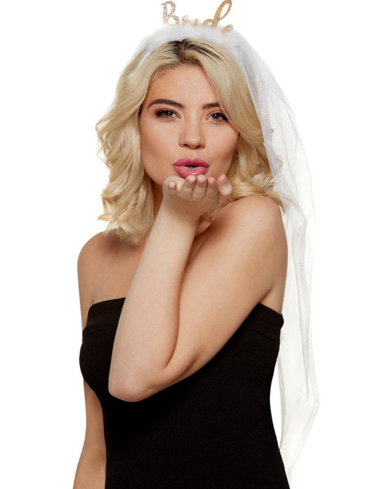 "White and Gold Bride Headband With Veil FV-27357"