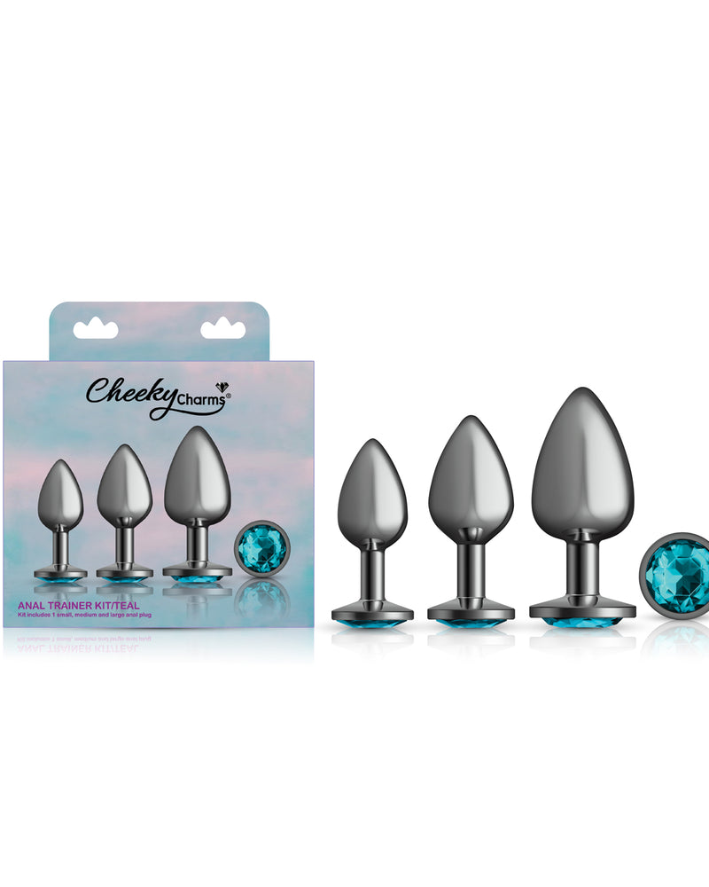 Cheeky Charms - Metal Butt Plug Gunmetal - Round - Teal - Anal Trainer Kit