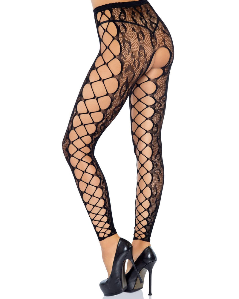 "Footless Leopard Lace Crotchless Tights - Black LA-7812BLK"