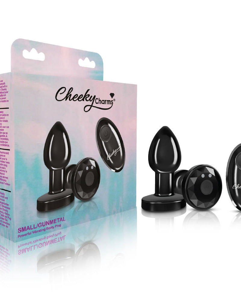 "Cheeky Charms - Rechargeable Vibrating Metal Butt Plug With Remote Control - Gunmetal - Small VB-CC9144"