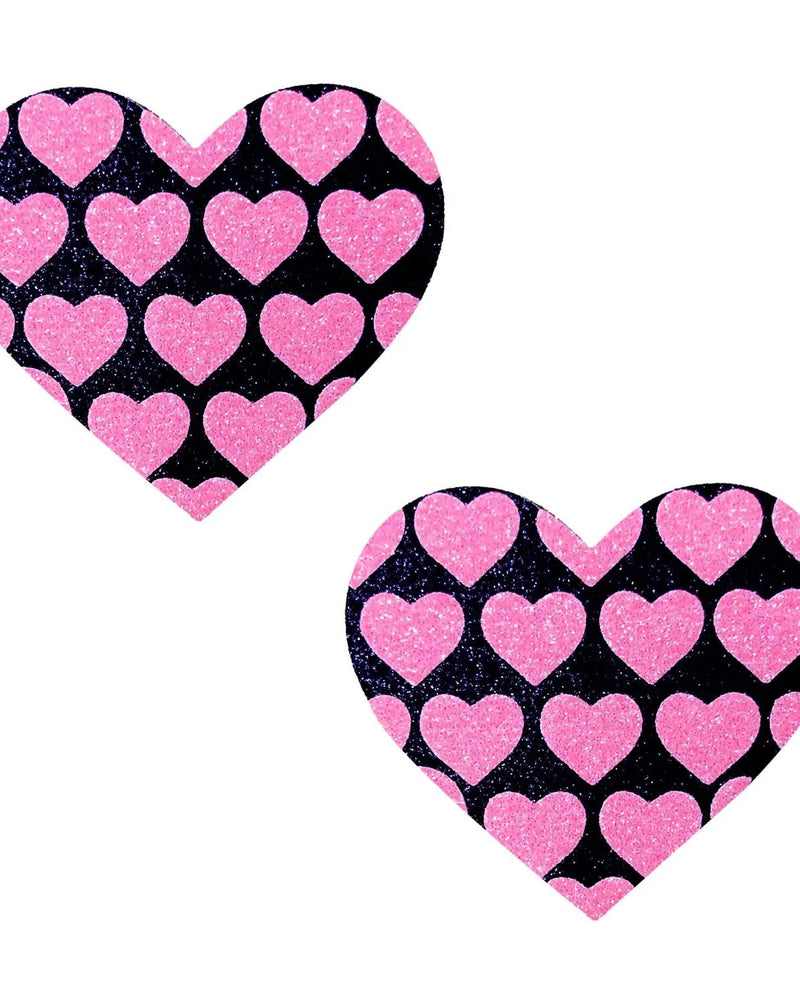 "Pink Heart Neon Valentines Black Glitter Heart Nipple Cover Pasties NN-PHT-HRT-BM"