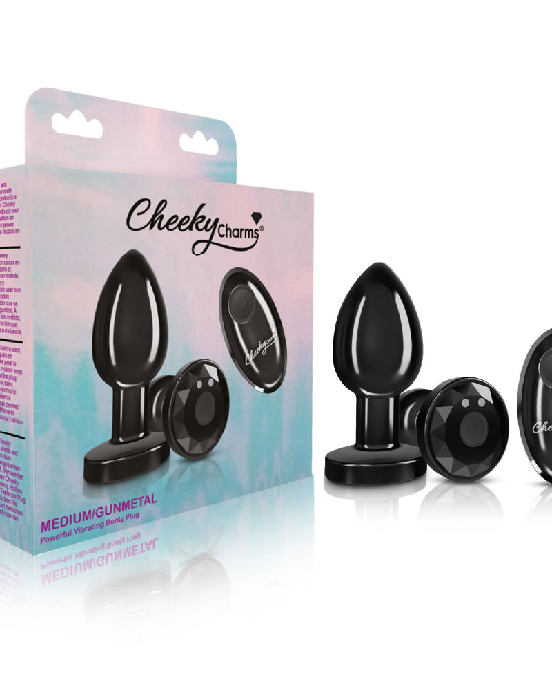 "Cheeky Charms - Rechargeable Vibrating Metal Butt Plug With Remote Control - Gunmetal - Medium VB-CC9145"