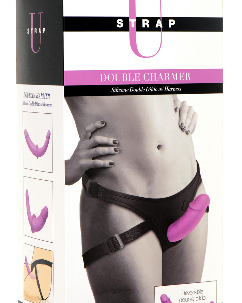 Double Charmer Silicone Double Dildo With Harness - Purple