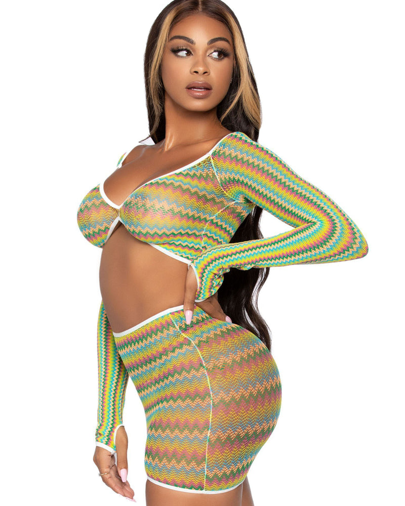 "2 Pc Zig Zag Net Crop Top and Mini Dress - One Size - Green LA-81629GRNOS"