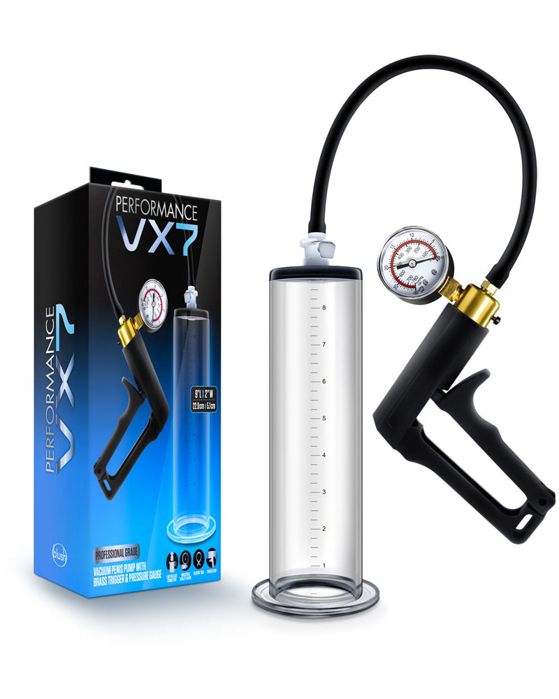 "Performance - Vx7 Vacuum Penis Pump With Brass Trigger & Pressure Gauge - Clear BL-06401"