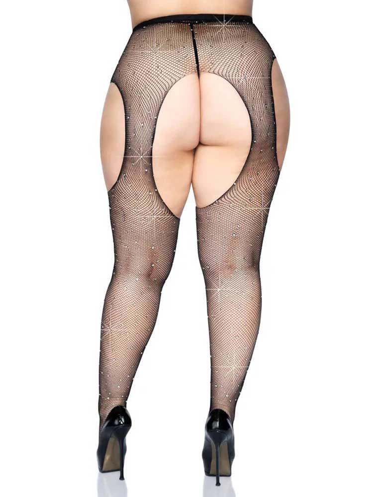 "Casey Rhinestone Fishnet Suspender Pantyhose - Queen - Black LA-9108XBLKQ"