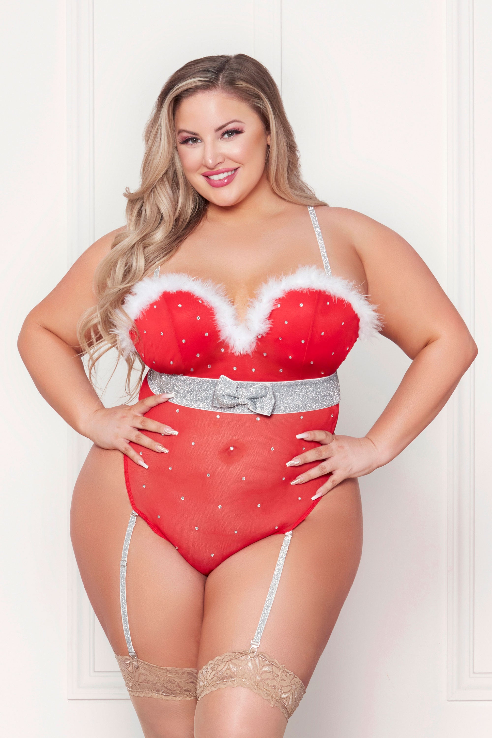 "Rhinestone Studded Mesh Teddy With Marabou Trim - X-Large - Red STM-11470REDXL"