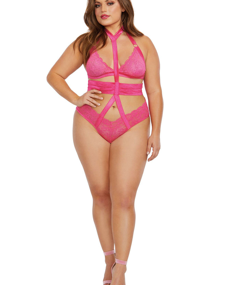 Bralette y braga con arnés - Talla grande - Fucsia