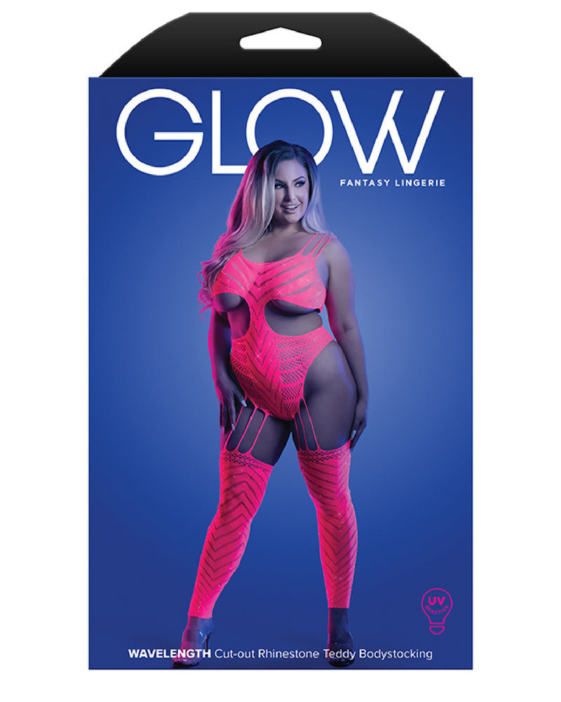 "Wavelength Cutout Rhinestone Teddy Bodystocking - Queen - Neon Pink FL-GL2140-QS-B"